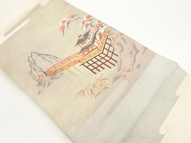 寺院に木々風景模様織出し名古屋帯